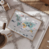 Framed kids' map print with colorful animals and adventure-themed icons