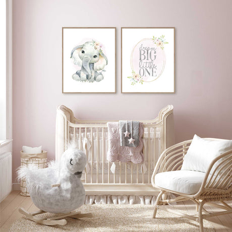 elephant baby girl room wall art set with coordinating nursery quote print