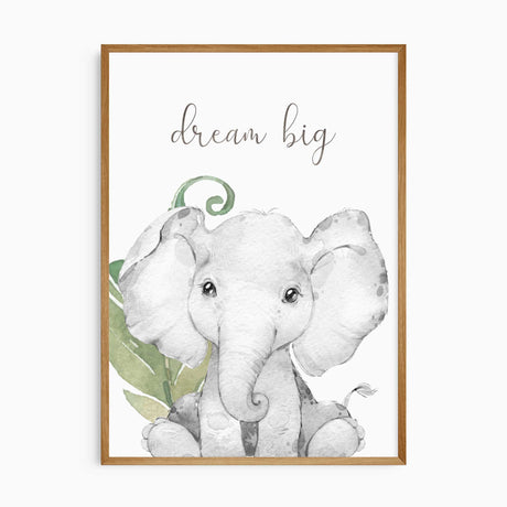 unframed artwork with a baby elephant and 'dream big' text on a white background