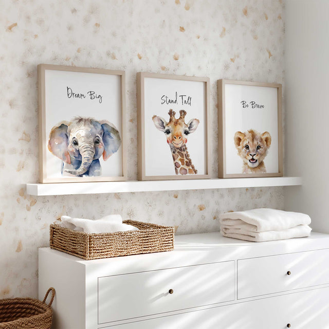Elephant giraffe and lion nursery prints for baby boy room decor