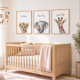 Elephant, giraffe and lion cub prints with Dream Big, Stand Tall and Be Brave quotes and generous white space.