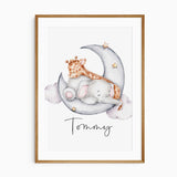 Personalised Tommy name print with a sleeping elephant and giraffe on a blue-grey crescent moon with stars and clouds.