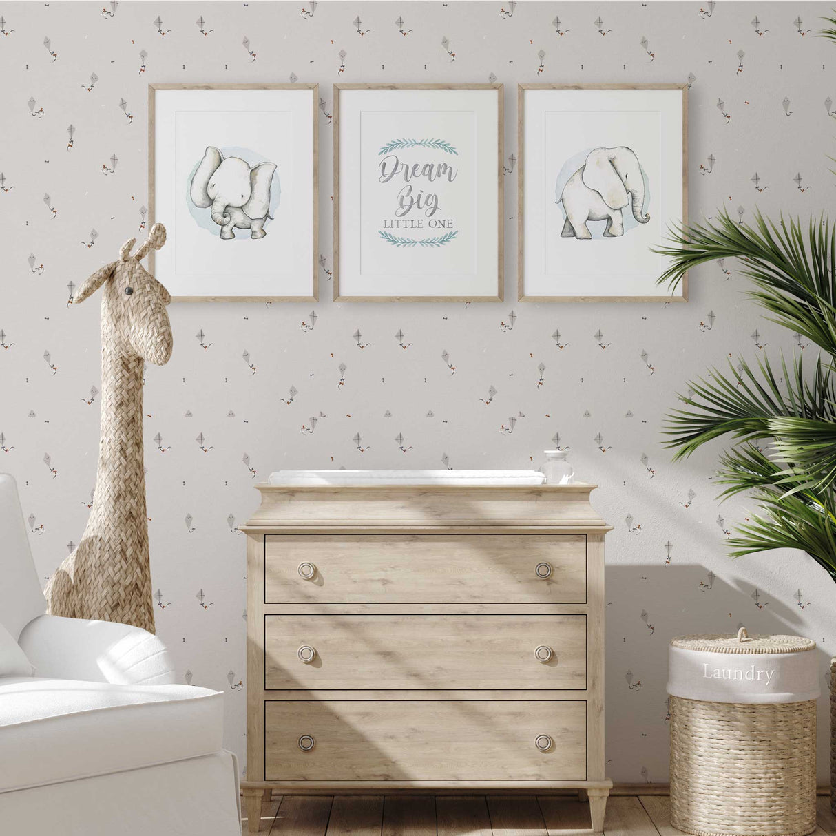Watercolour elephant nursery illustration with light blue background for boys bedroom décor.
