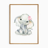 Elephant lion and personalised name print set for a soft pink girl nursery