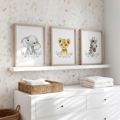 Elephant lion and zebra nursery wall art set in soft neutral tones