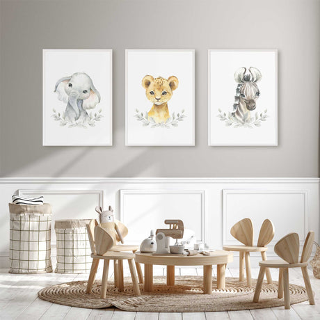 Elephant lion cub and zebra print set for a safari themed nursery