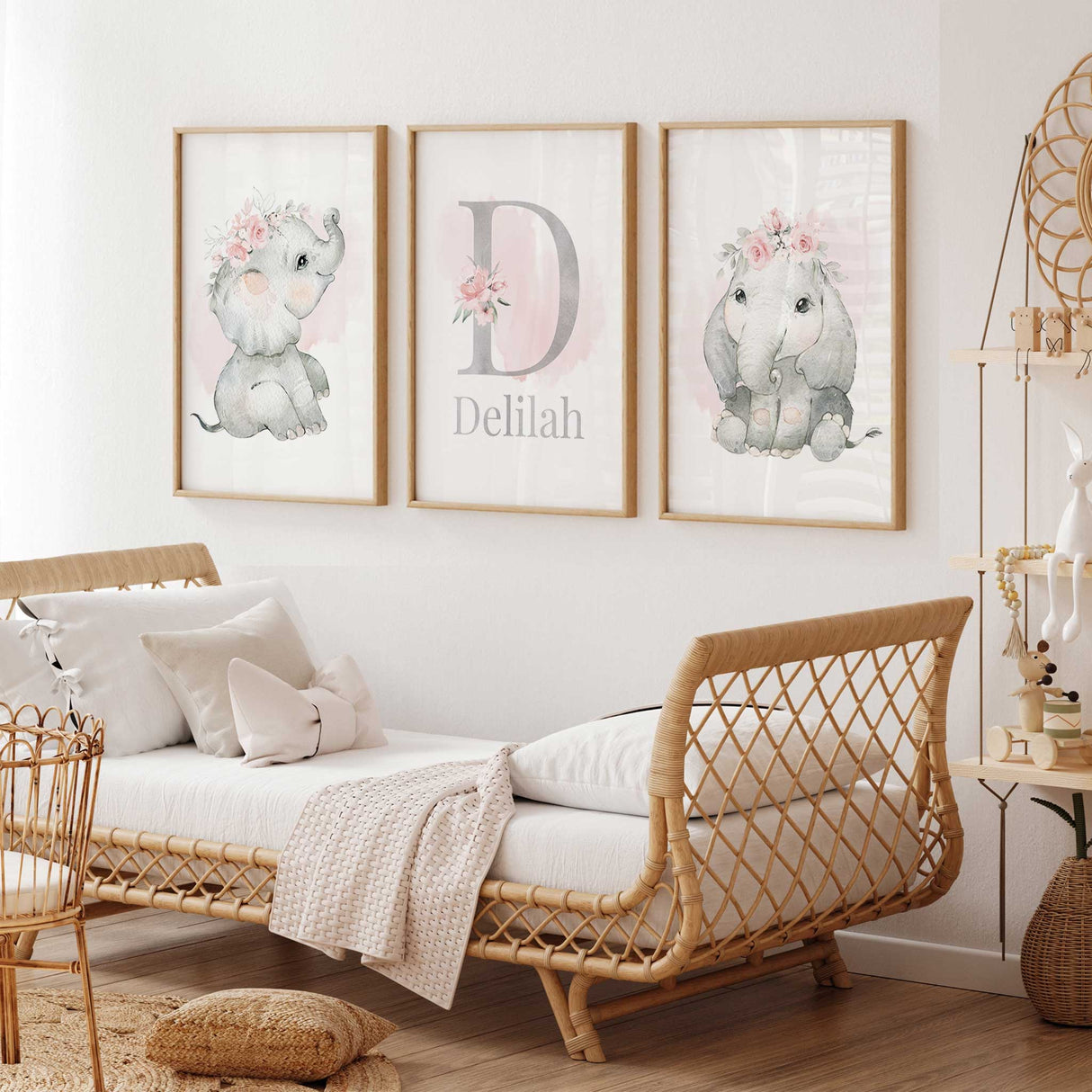Elephant name print for girls nursery with soft blush flowers