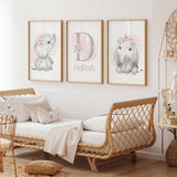 Elephant name print for girls nursery with soft blush flowers