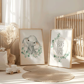 Baby elephant nursery print with eucalyptus leaves in soft watercolours.