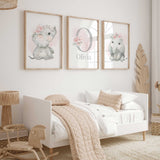 Elephant nursery wall art for baby girl bedroom with soft pink tones