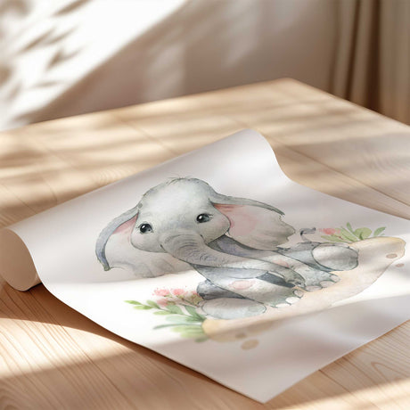 Elephant nursery wall art for girls with soft pink floral details and watercolour safari style