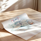 Watercolour elephant wearing blue flying goggles and a mint scarf in a pale mint propeller aeroplane with a beige nose.
