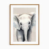 Elephant safari nursery print displayed as a single statement artwork in a softly styled neutral baby's room