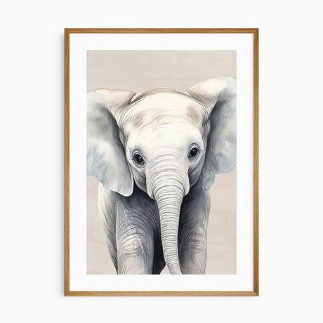 Elephant safari nursery print displayed as a single statement artwork in a softly styled neutral baby's room