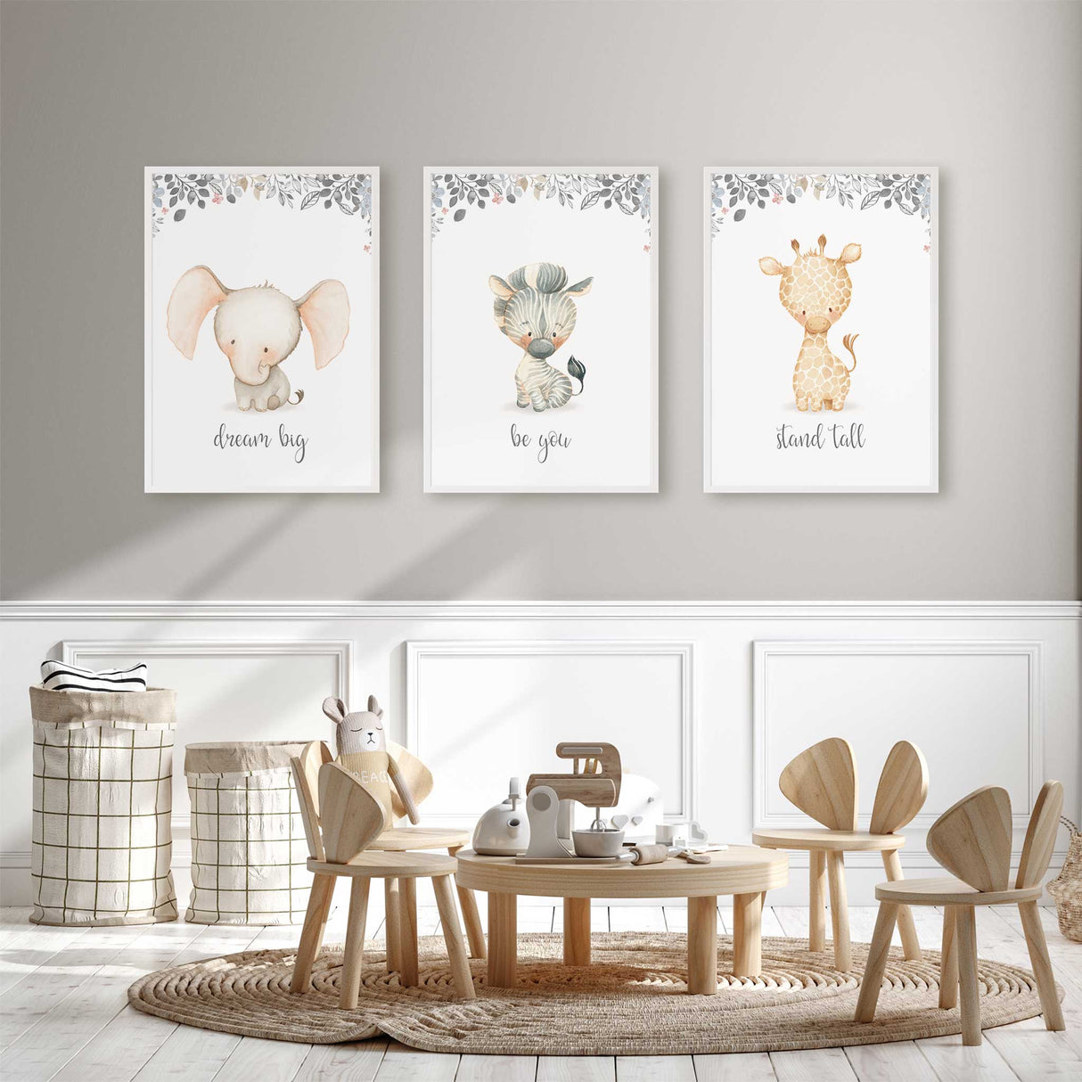 Elephant zebra and giraffe nursery prints in soft neutral tones