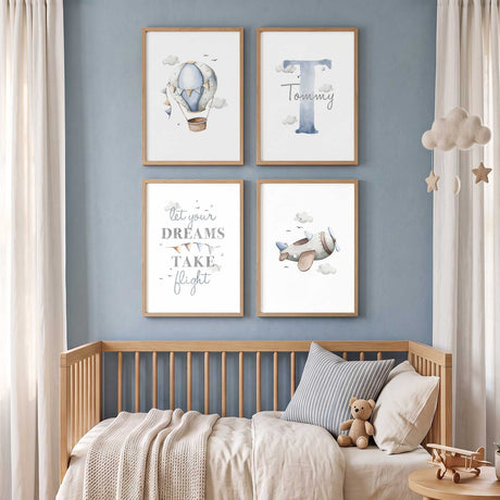 Four personalised prints with a blue plane, hot air balloon, name and initial, and Let Your Dreams Take Flight quote.