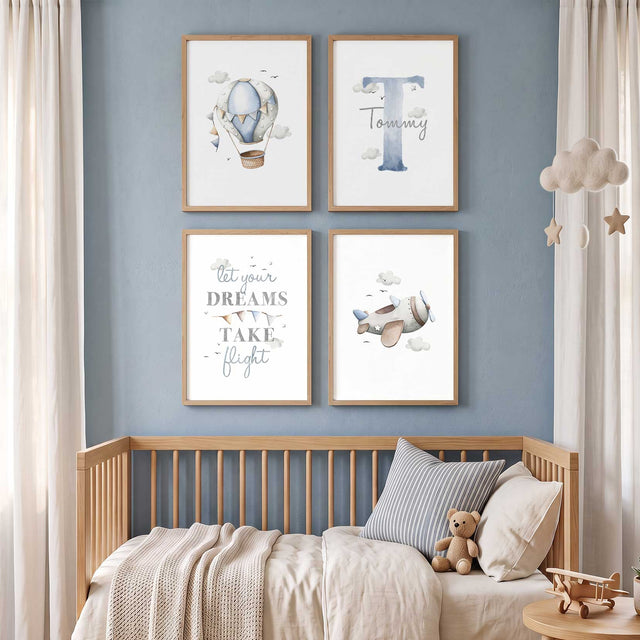 Four personalised prints with a blue plane, hot air balloon, name and initial, and Let Your Dreams Take Flight quote.