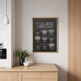 Coffee art print displaying classic coffee drinks including espresso and latte on a dark chalkboard background.