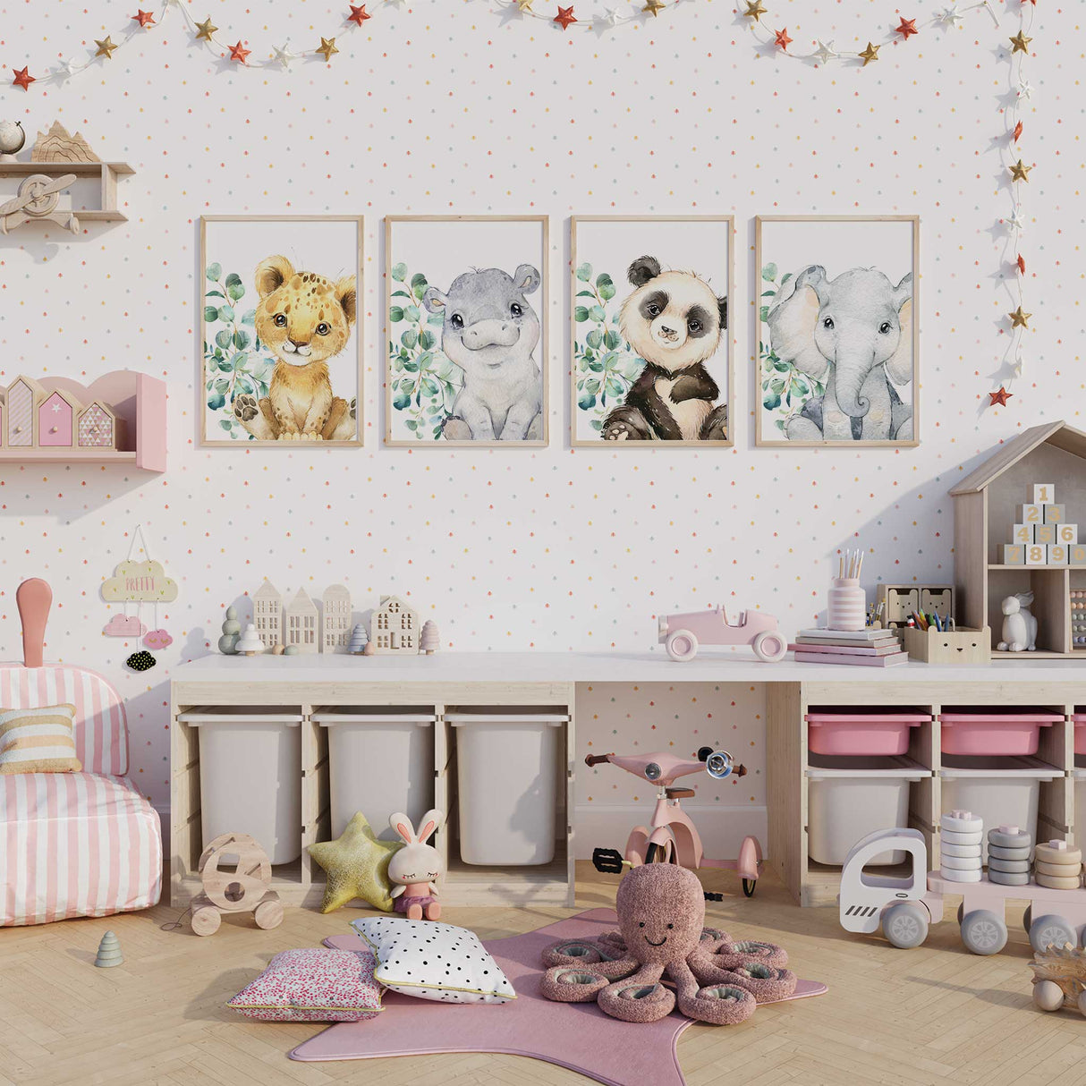 Eucalyptus animal nursery prints with hippo, lion cub, elephant and panda designs