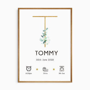 Eucalyptus baby name print with a gold-toned initial, watercolour leaves and personalised newborn birth details