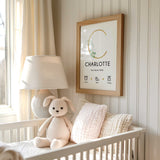 Eucalyptus birth details print featuring a gold-toned initial, personalised baby name, date, time, weight and length