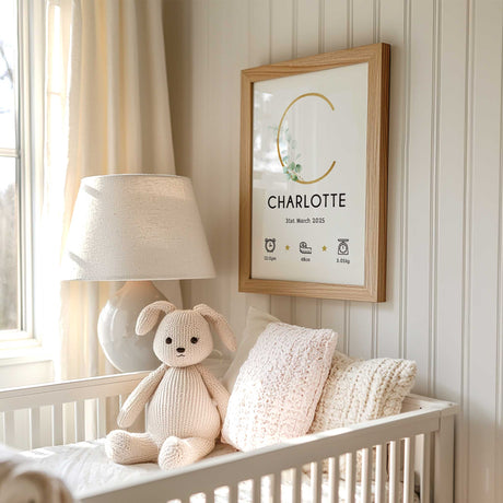 Eucalyptus birth details print featuring a gold-toned initial, personalised baby name, date, time, weight and length