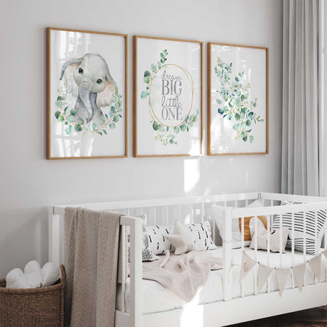 eucalyptus elephant nursery wall art set with greenery wreath