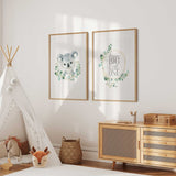 Koala nursery prints set of two with greenery accents, perfect wall art for gender neutral baby room.