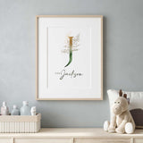 Eucalyptus nursery name print with large personalised initial, soft green leaves and elegant gold detailing.