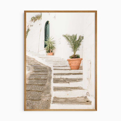 European alleyway coastal art print showing whitewashed steps, palm plants and soft natural sunlight for calm Mediterranean décor