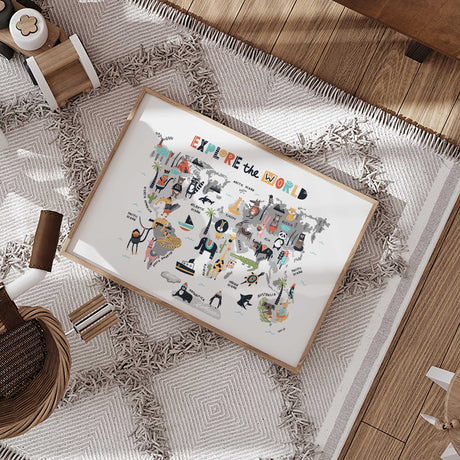 Nursery world map print featuring illustrated animals and simple geography labels for children