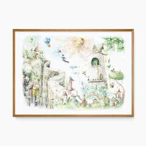 Whimsical fairytale nursery wall art with Rapunzel tower, rainbow, and pastel village