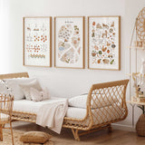 Set of three farm prints featuring an alphabet chart, counting numbers and an illustrated map with animals and fields.