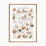 A farm animal themed alphabet print with illustrations for each letter of the alphabet, 