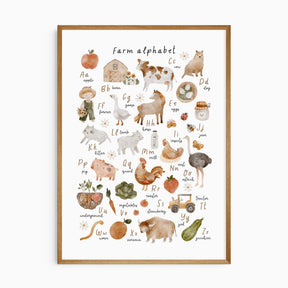 A farm animal themed alphabet print with illustrations for each letter of the alphabet, 