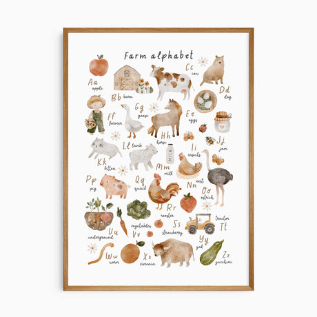 A farm animal themed alphabet print with illustrations for each letter of the alphabet, 