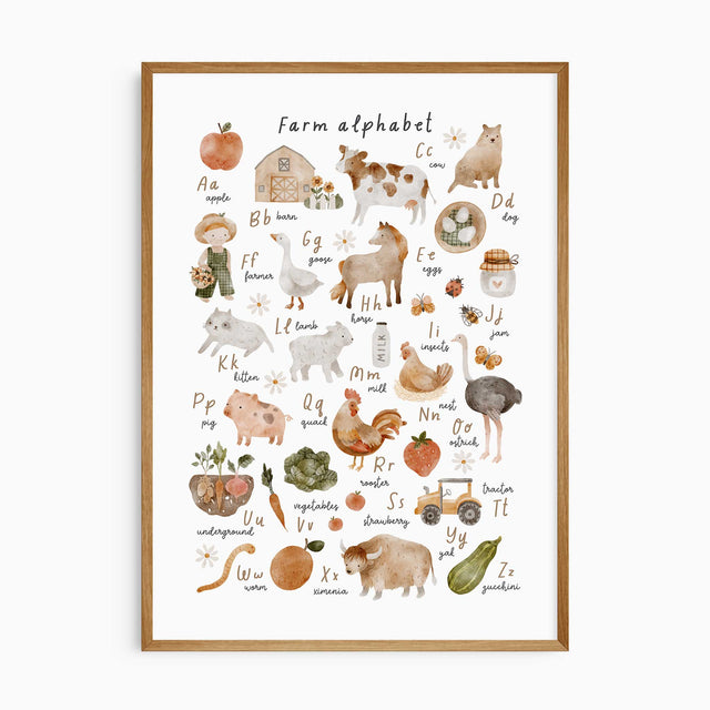 A farm animal themed alphabet print with illustrations for each letter of the alphabet, 