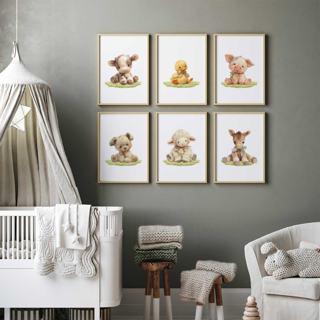 Whimsical nursery prints with adorable animals: cow, lamb, pig, donkey, duck, and dog. Ideal for creating a cozy and inviting atmosphere in a baby's room.