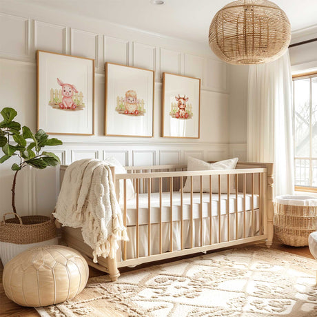 Farm animal wall art set featuring pig, cow, and lamb prints for nursery or kids room decor.