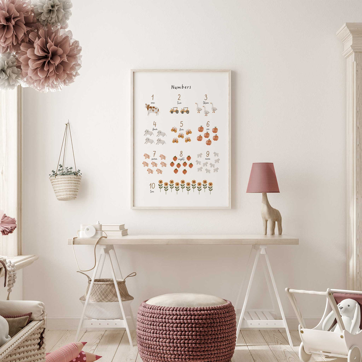 Numbers one to ten print with a cow, two tractors, three geese and other farm illustrations arranged in counting groups.