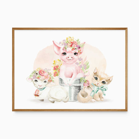 A colorful illustration of a pig, goat, and kitten with floral crowns. For a girls bedroom