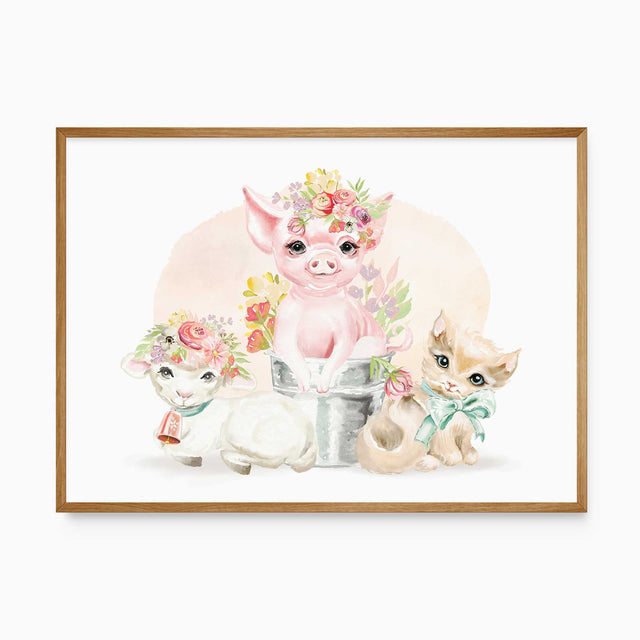 A colorful illustration of a pig, goat, and kitten with floral crowns. For a girls bedroom