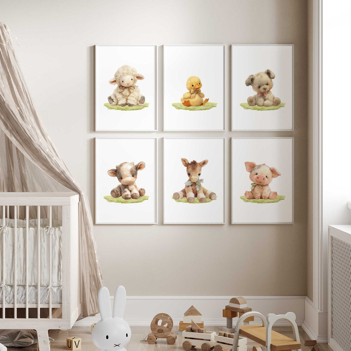 Set of six unframed animal prints for nursery decor, featuring cute and plush-like illustrations of a cow, lamb, pig, donkey, duck, and dog.