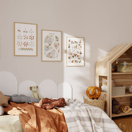 Farm nursery wall art set featuring farm alphabet, counting numbers and an on the farm map print in soft neutral tones