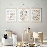 Three farm learning prints featuring a counting chart from 1 to 10, an illustrated farm map and an alphabet chart.