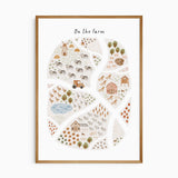 Illustrated farm map wall art showing animals, fields, and buildings
