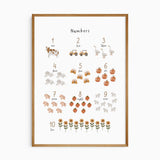 Farm numbers print showing numerals and words from one to ten with a cow, tractors, geese, bees, fruit and sunflowers.