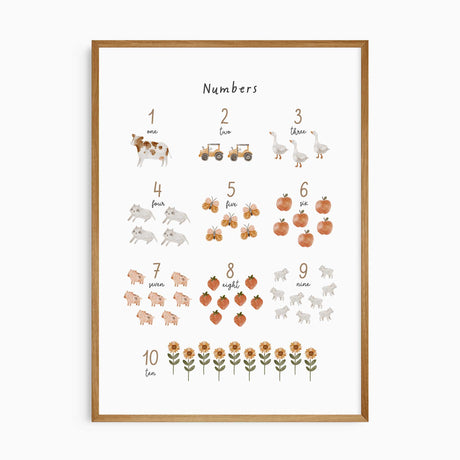 Farm numbers print showing numerals and words from one to ten with a cow, tractors, geese, bees, fruit and sunflowers.