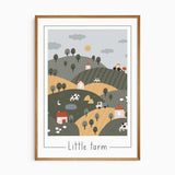 Framed illustration of a 'Little farm' with houses, trees, and animals on a hillside.