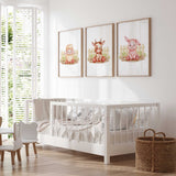 Pig, cow, and lamb wall art trio for neutral nursery decor or farmhouse kids bedroom.
